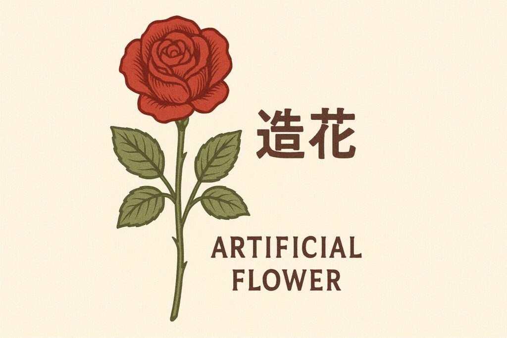 赤い造花のバラと葉を描いたクラシックなイラスト