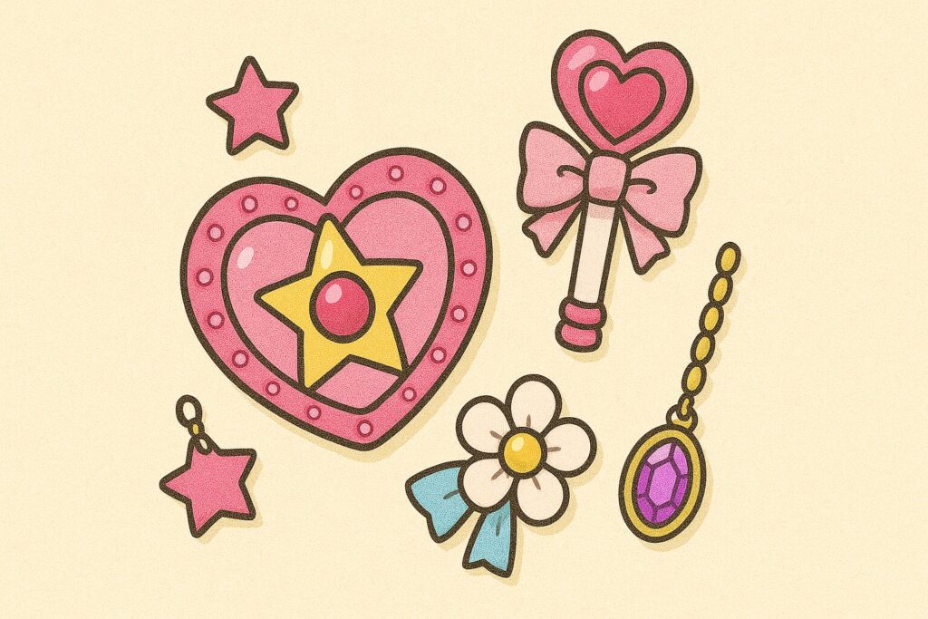 プリキュア風のコンパクトやステッキなどのグッズイラスト
