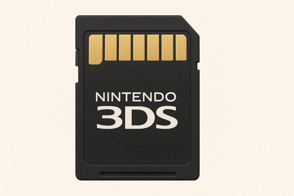 Nintendo 3DS用のSDカードのイラスト。黒地に金色の端子と白文字のロゴ入り