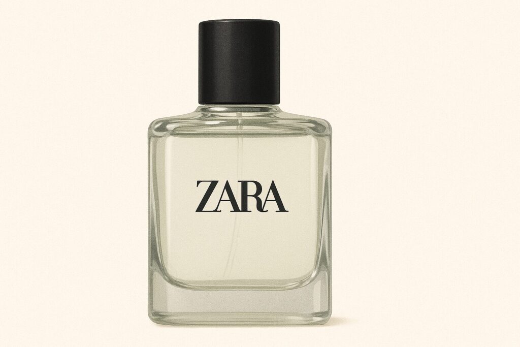 ZARAの香水ボトルのイラスト。シンプルな角型ガラス瓶に黒のキャップ付き