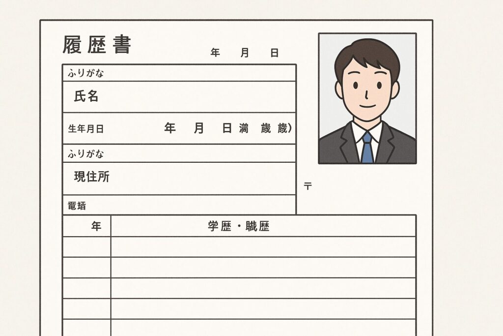 就活用の履歴書イラスト。氏名・住所・学歴欄とスーツ姿の男性の証明写真付き