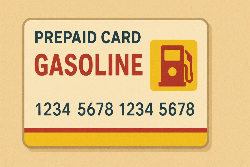 ガソリンのプリペイドカードのイラスト。ベージュ背景に赤と青の文字でガソリンの表記、給油機のイラストが描かれたカード。