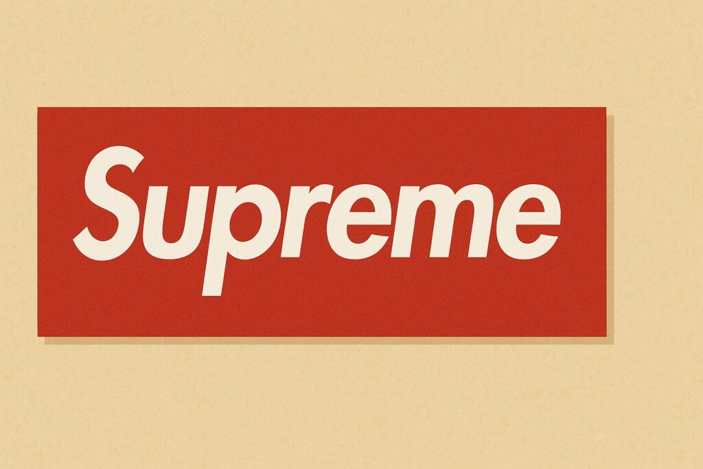シュプリームのステッカーのイラスト。赤い長方形の背景に白文字で「Supreme」と描かれたシンプルなデザイン。