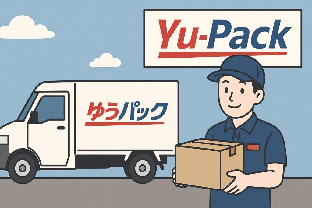 ゆうパックの配達員とロゴ入りトラックのイラスト
