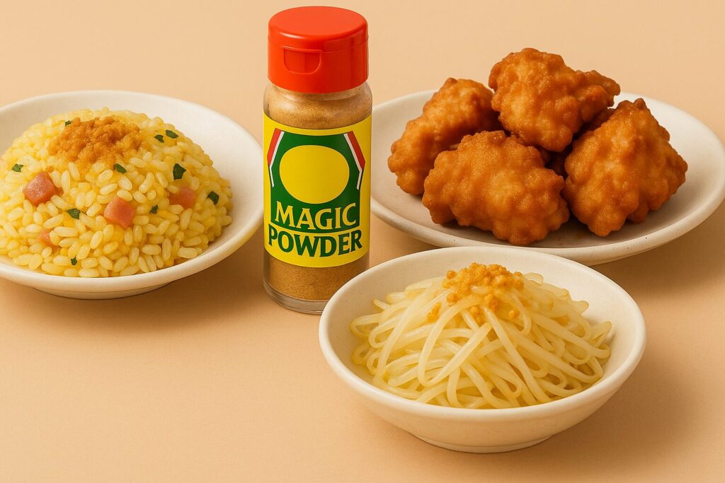 餃子の王将のマジックパウダーを使ったチャーハン、唐揚げ、もやしナムルの料理写真