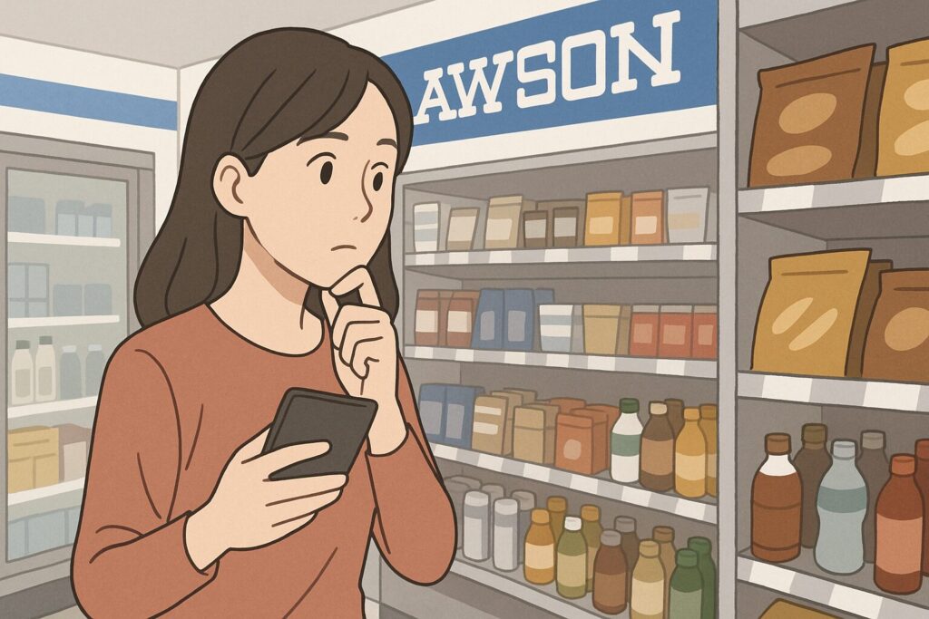 ローソン店内で商品を探している女性のイラスト