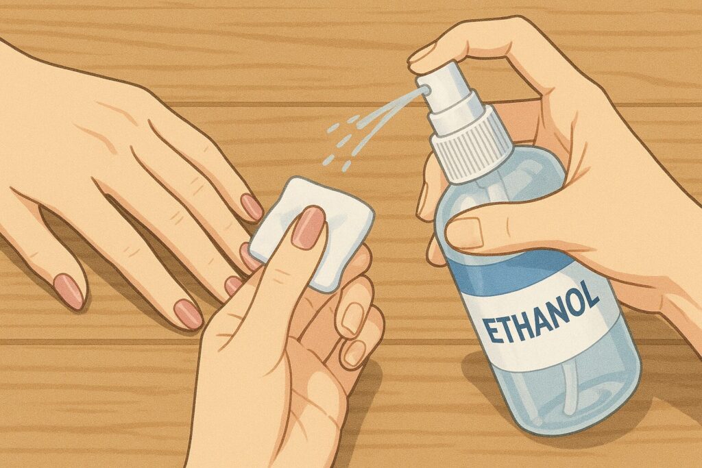 ネイルにエタノールを使用して消毒・拭き取りをしている手元のイラスト