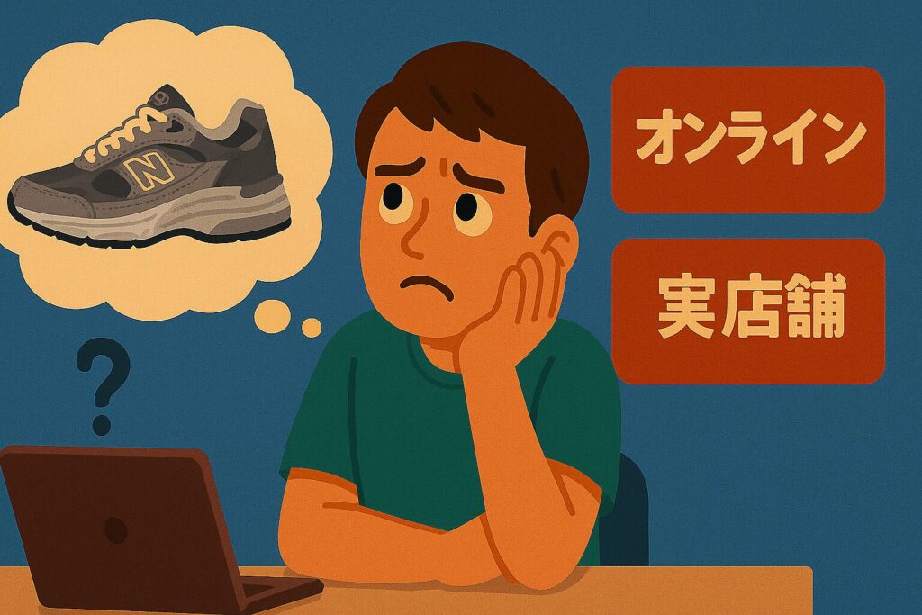 ニューバランス993を欲しがっているがオンラインか実店舗かで悩んでいる男性のイラスト