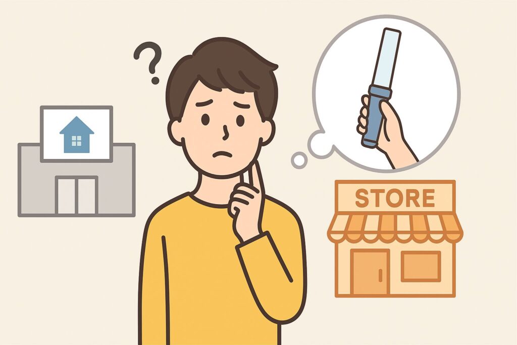 ペンライトがどこで買えるのか悩んでいる人のイラスト