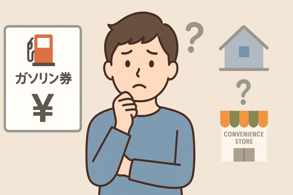 ガソリン券がどこで買えるのか悩んでいる人のイラスト