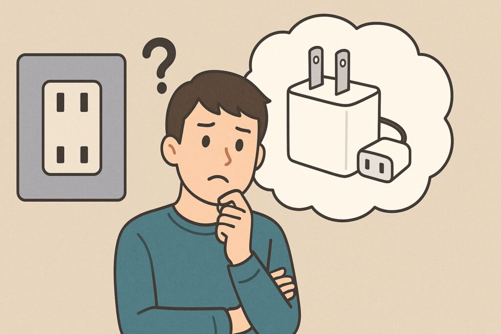 変換プラグが必要かどうか悩んでいる男性のイラスト