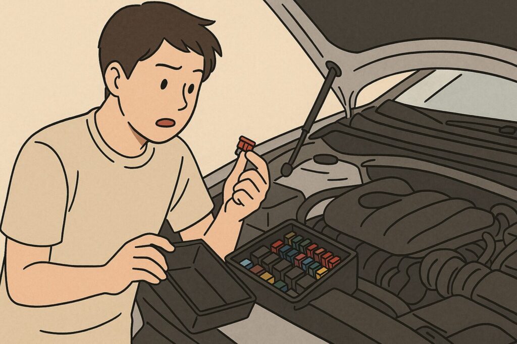 車のヒューズを交換している男性のイラスト