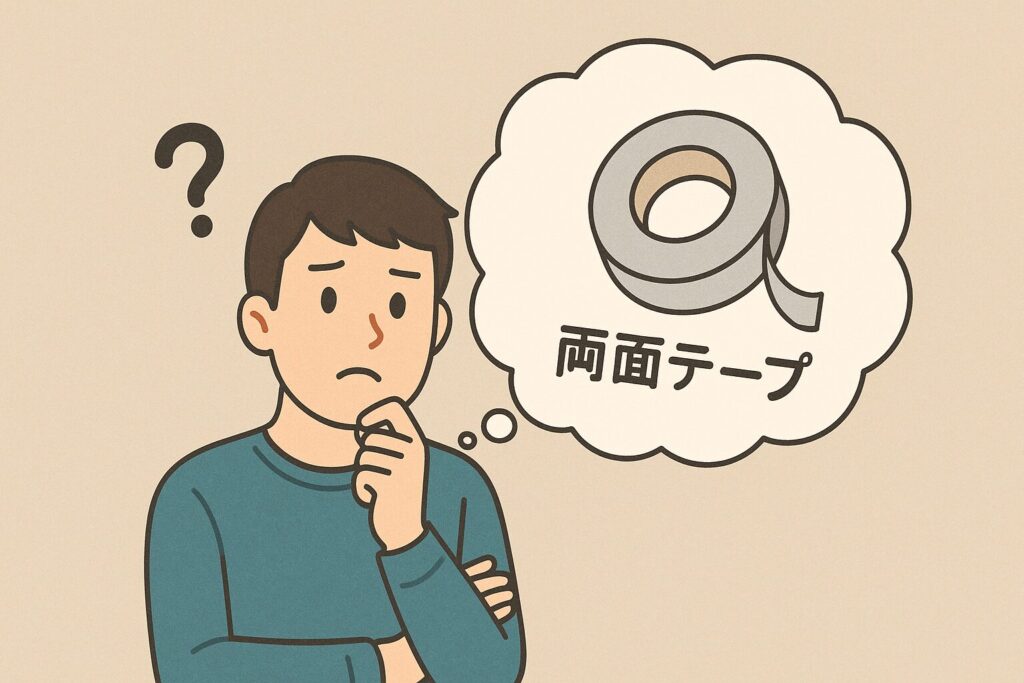 両面テープがどこで買えるか悩んでいる男性のイラスト
