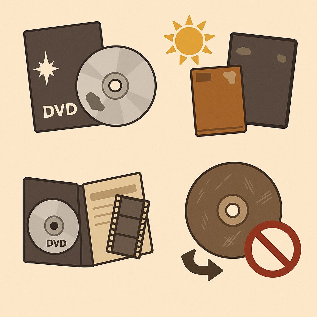 レンタル落ちDVDにありがちなデメリットを示すイラスト4点セット