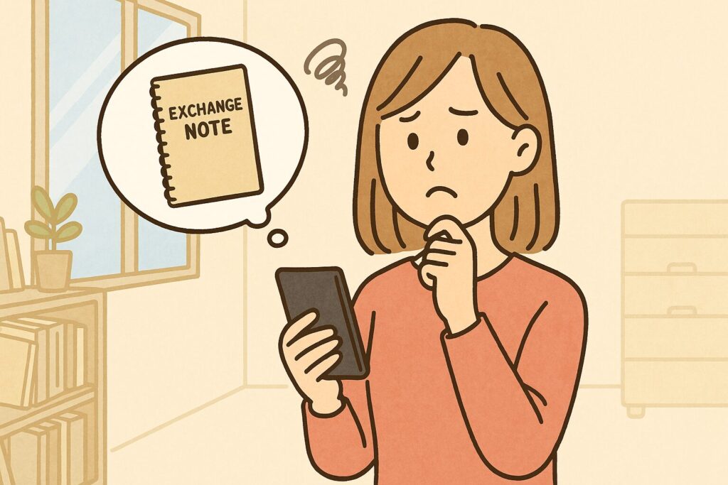 交換ノートがどこに売っているのか悩んでいる女性のイラスト