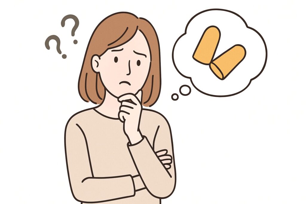 耳栓がどこで買えるか悩んでいる女性のイラスト