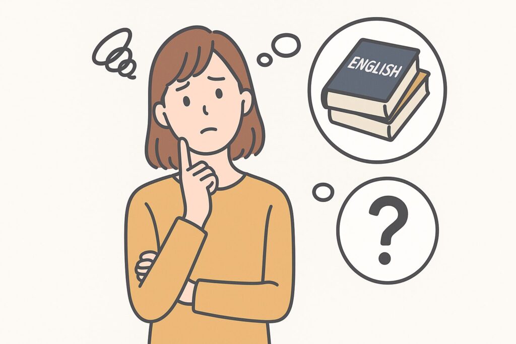 英語の本がどこで買えるか悩んでいる女性のイラスト