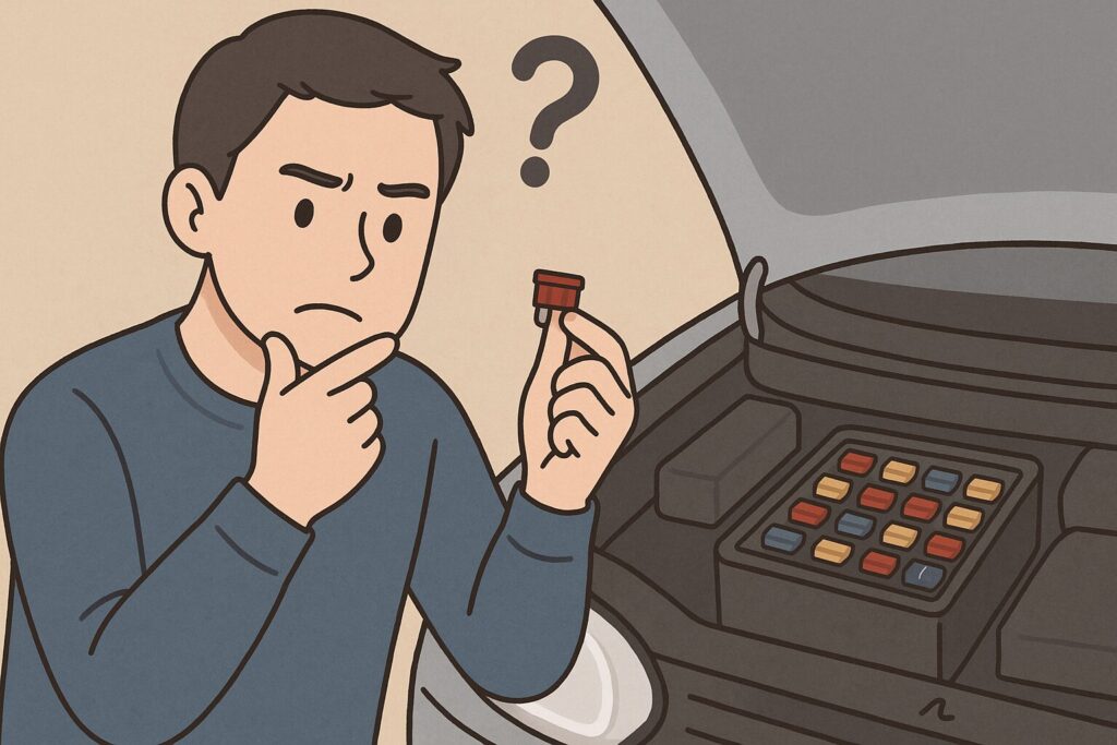 ヒューズの交換を見極めている男性のイラスト