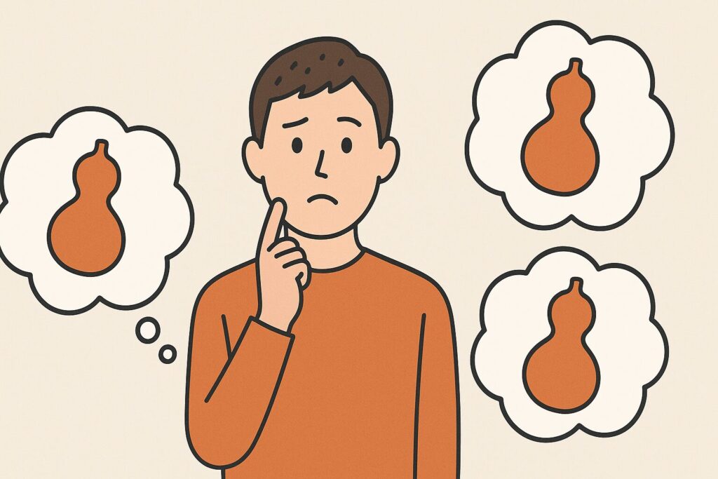 ヒョウタンがどこで買えるか悩んでいる人のイラスト
