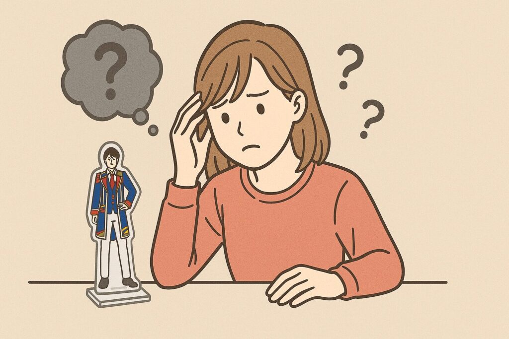 ジャニーズのアクスタがどこにあるか悩んでいる女性のイラスト