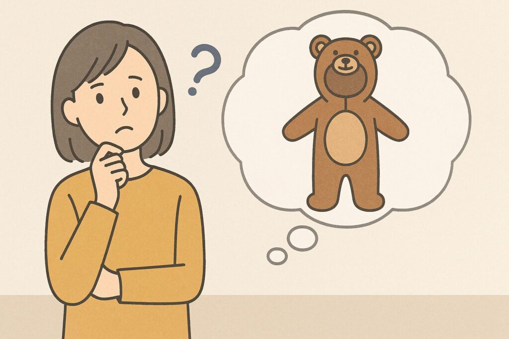 "クマの着ぐるみが欲しくて悩んでいる人のイラスト