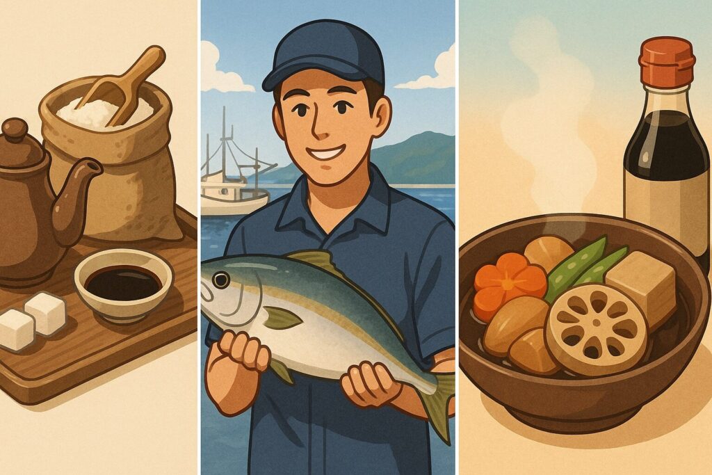 九州の甘い醤油の背景を説明するイラスト(砂糖、魚、煮物の文化的背景を描いたもの)
