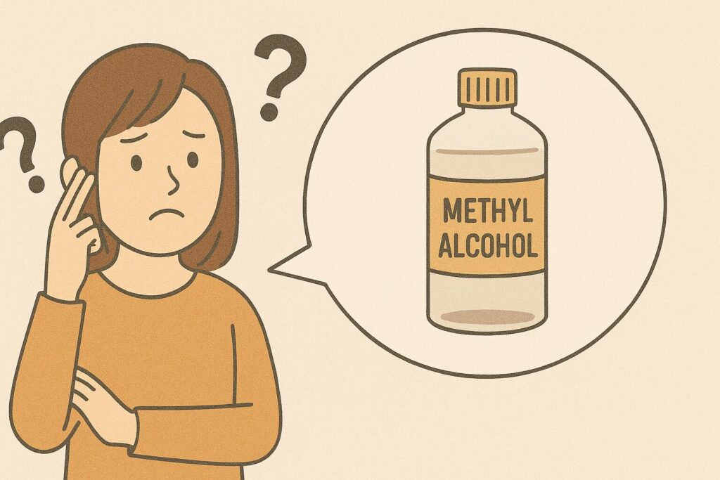 メチルアルコールが欲しくて悩んでいる人のイラスト