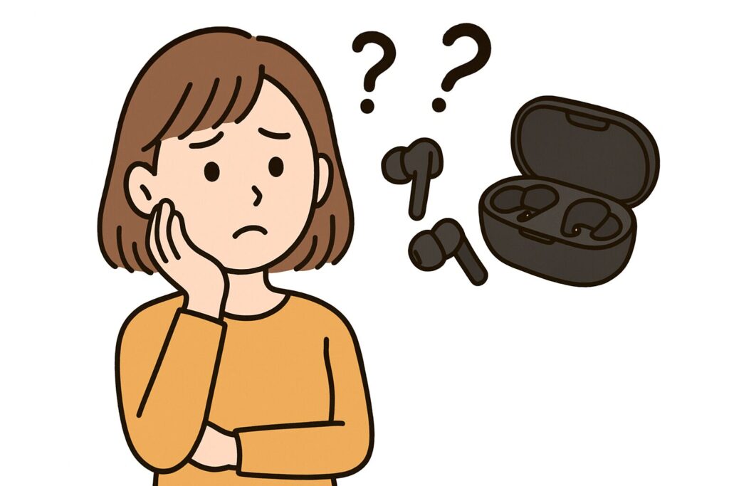 ノイズキャンセリングイヤホンがどこにあるか悩んでいる女性のイラスト