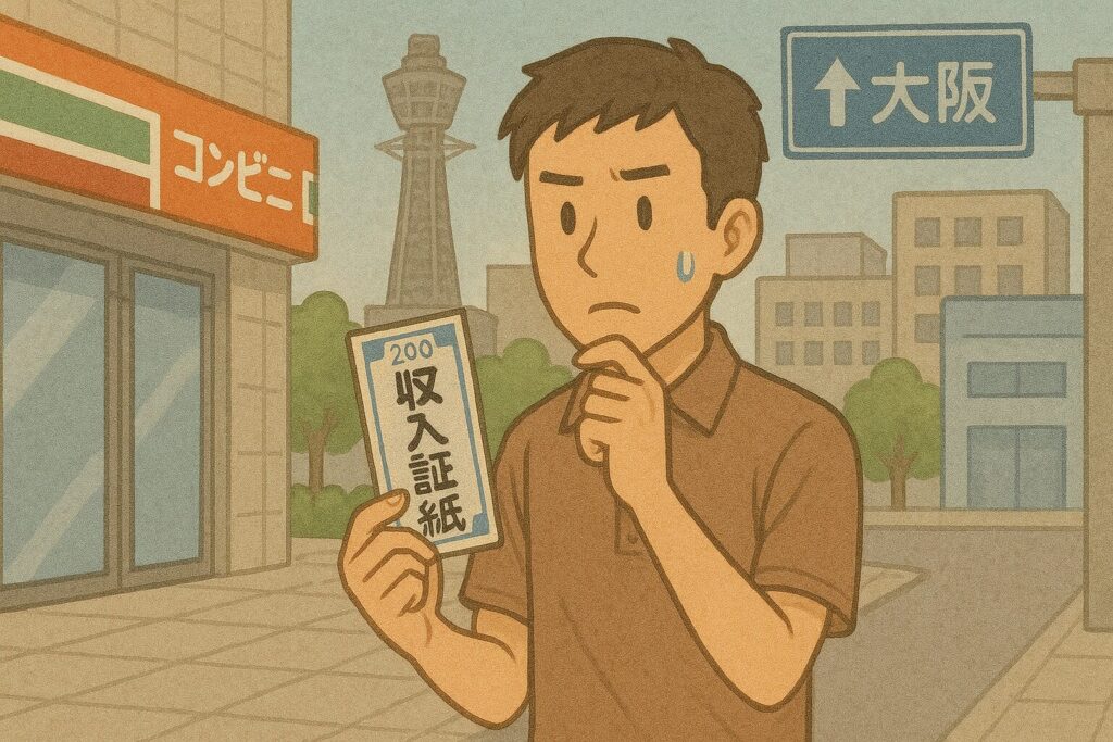 大阪の街中で収入証紙を探す男性のイラスト