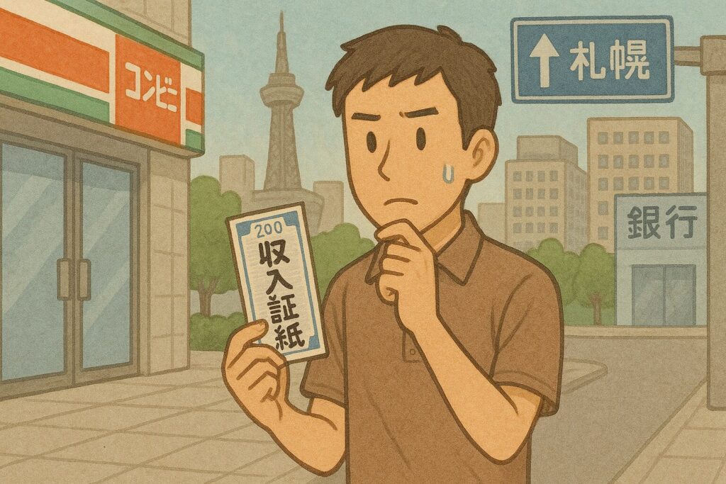 札幌の街中で収入証紙を探す男性のイラスト