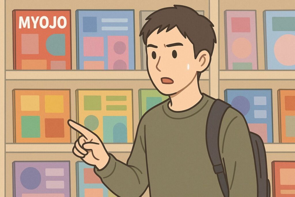 「Myojo」を探す若い男性のイラスト