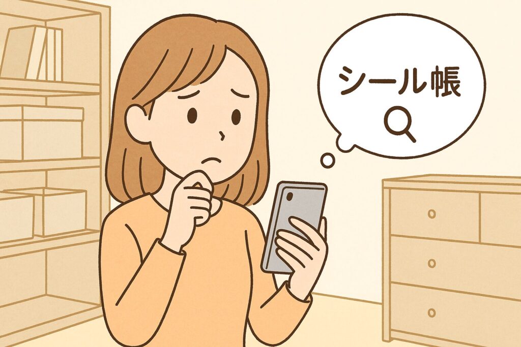 シール帳を探している女性がスマートフォンで調べているイラスト