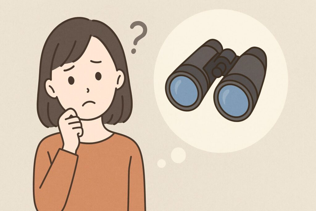 双眼鏡が欲しくて悩んでいる人のイラスト