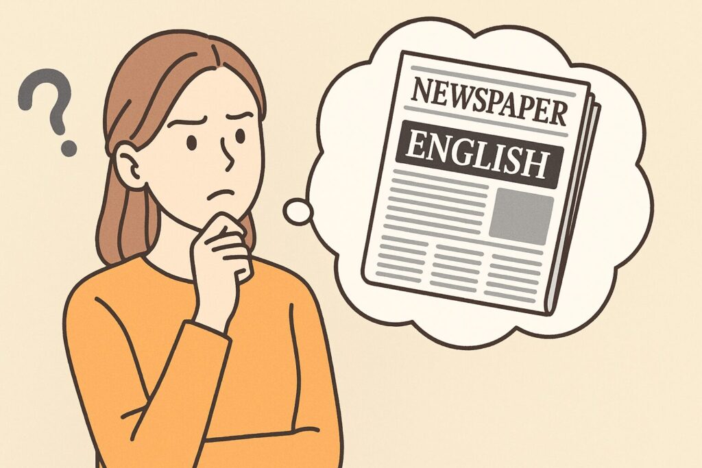 英語の新聞が欲しいと考えている人のイラスト