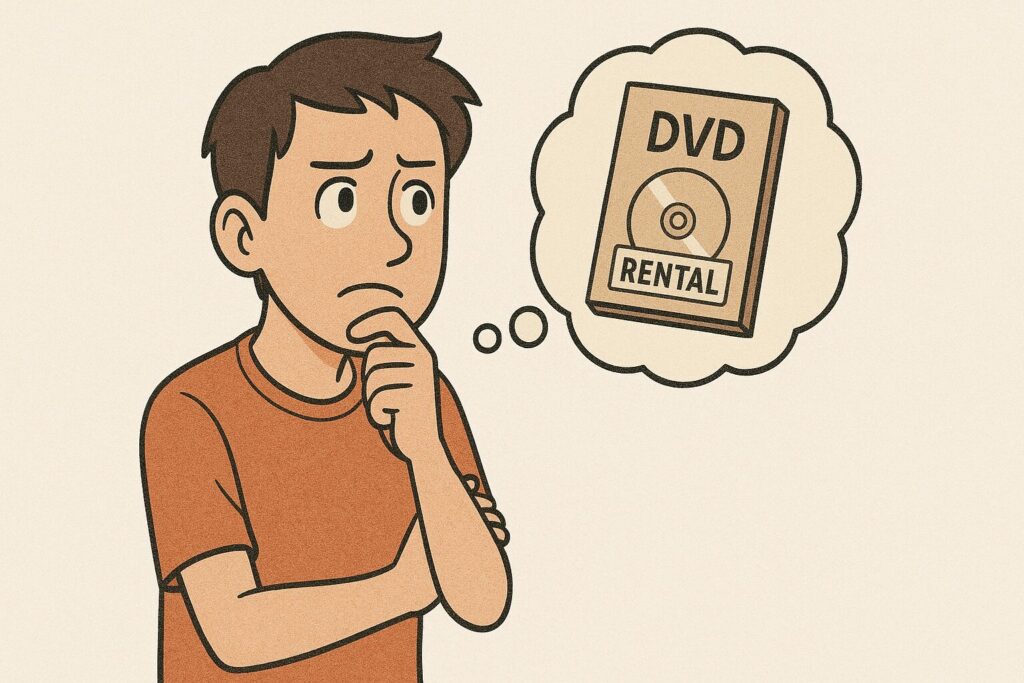 レンタル落ちDVDが欲しくて悩んでいる人のイラスト
