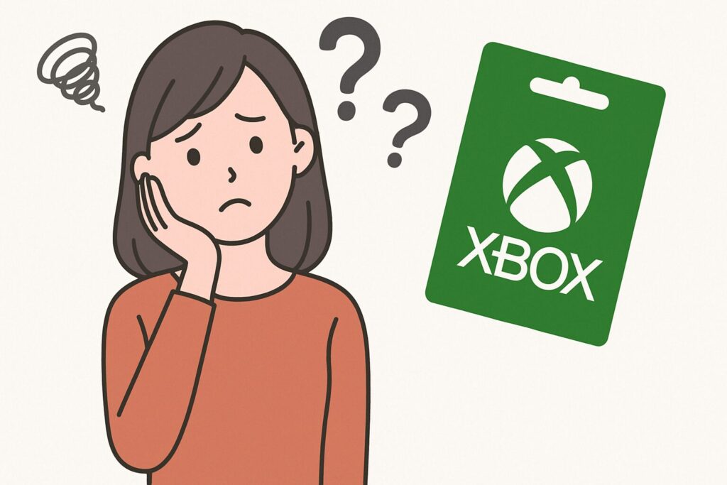 Xboxプリペイドカードがどこで買えるか悩んでいる女性のイラスト