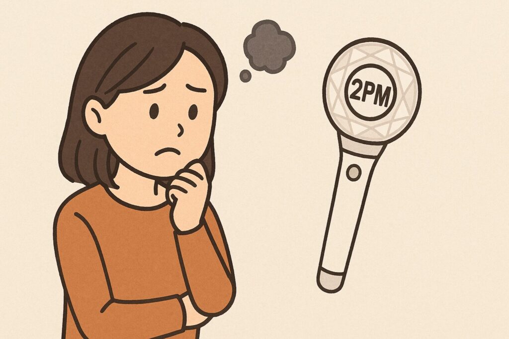 2PMのペンライトを欲しがって悩んでいる女性のイラスト