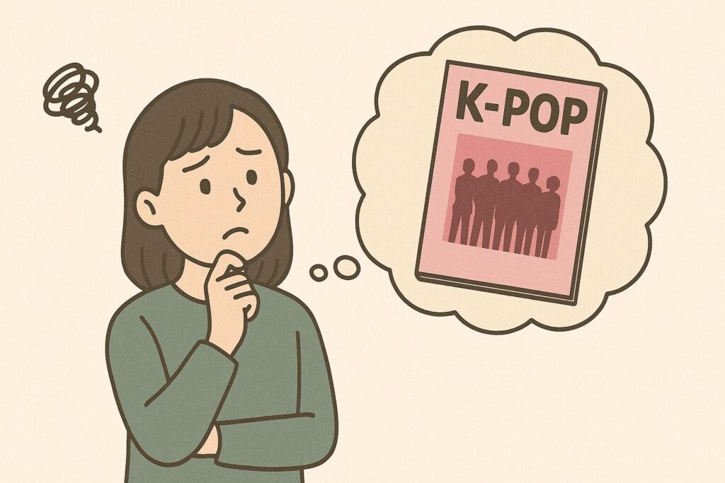 KPOPの雑誌が欲しくて悩んでいる女性のイラスト