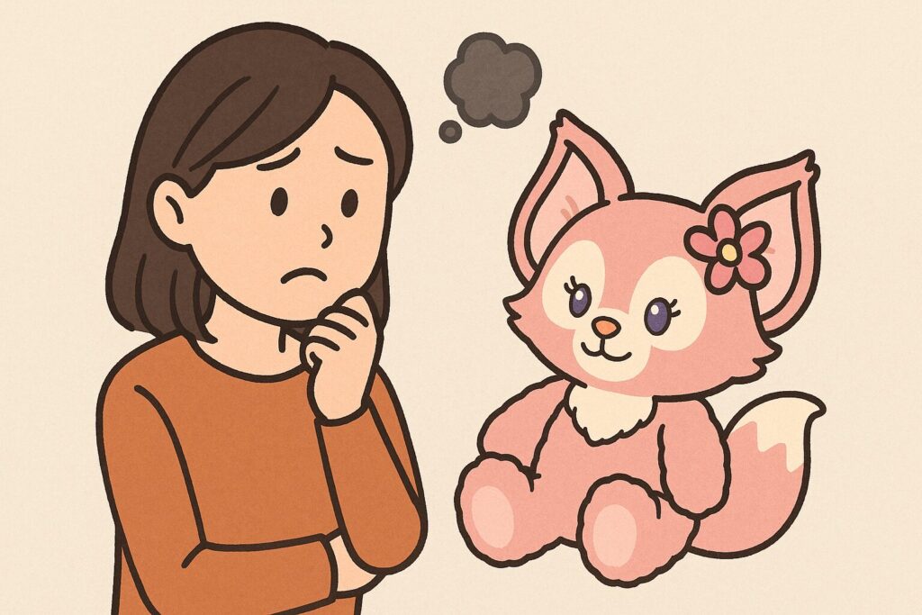 リーナベルのぬいぐるみを欲しがって悩んでいる女性のイラスト