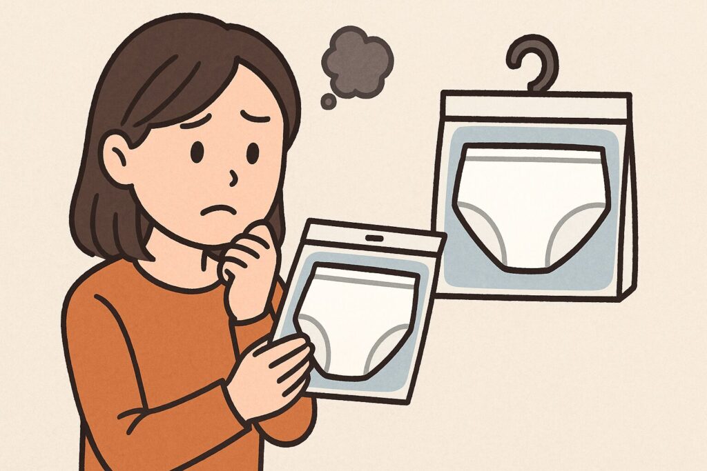 使い捨てパンツの購入を迷っている女性のイラスト