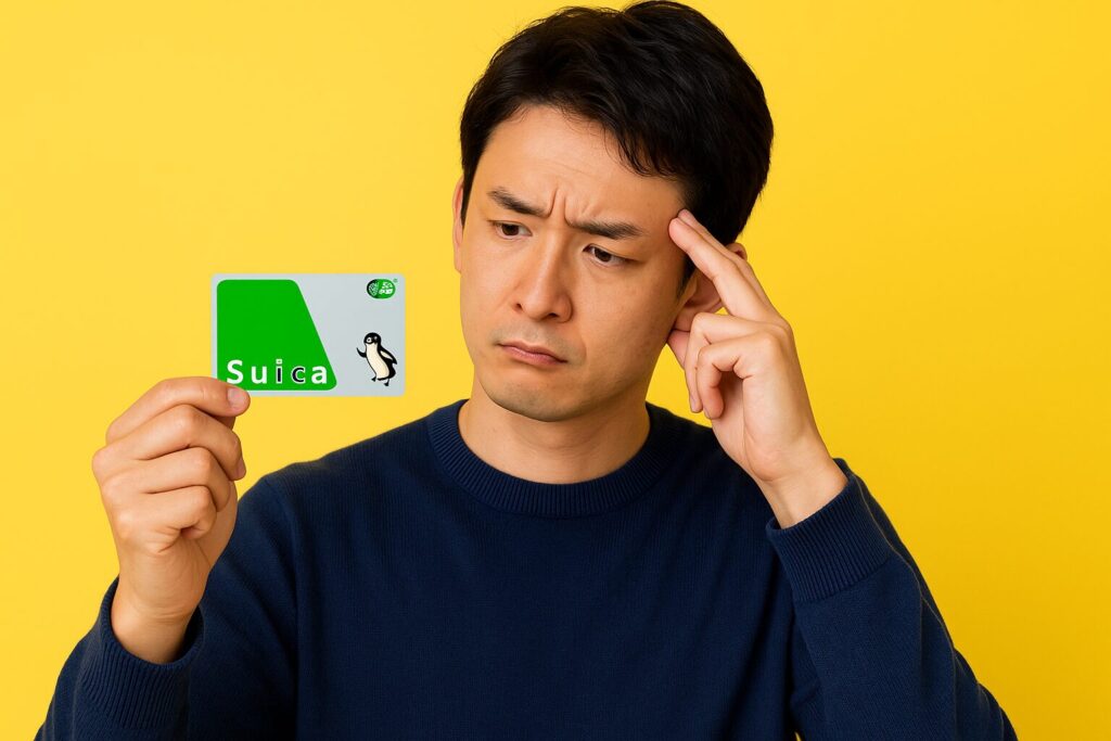 Suicaカードを持ってデザインを変えようか悩む日本人男性の表情